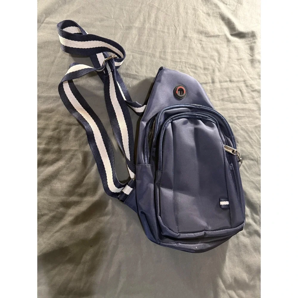 Navy Blue Nylon Crossbody Sling Bag Striped Strap Chest Pack with Headphone Port